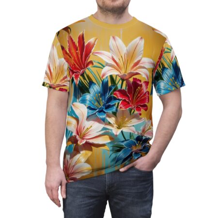 Red, white, and blue lilies on a yellow background with abstract blue and gold brushstrokes cover this seamless pattern tee.
