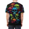 Back view of a person wearing a black t-shirt adorned with a vibrant, neon-colored psychedelic skull pattern.