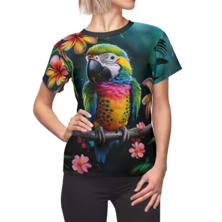 Vibrant parrot on branch with tropical flowers, all over print sublimation tee featuring a seamless wrap around graphic.
