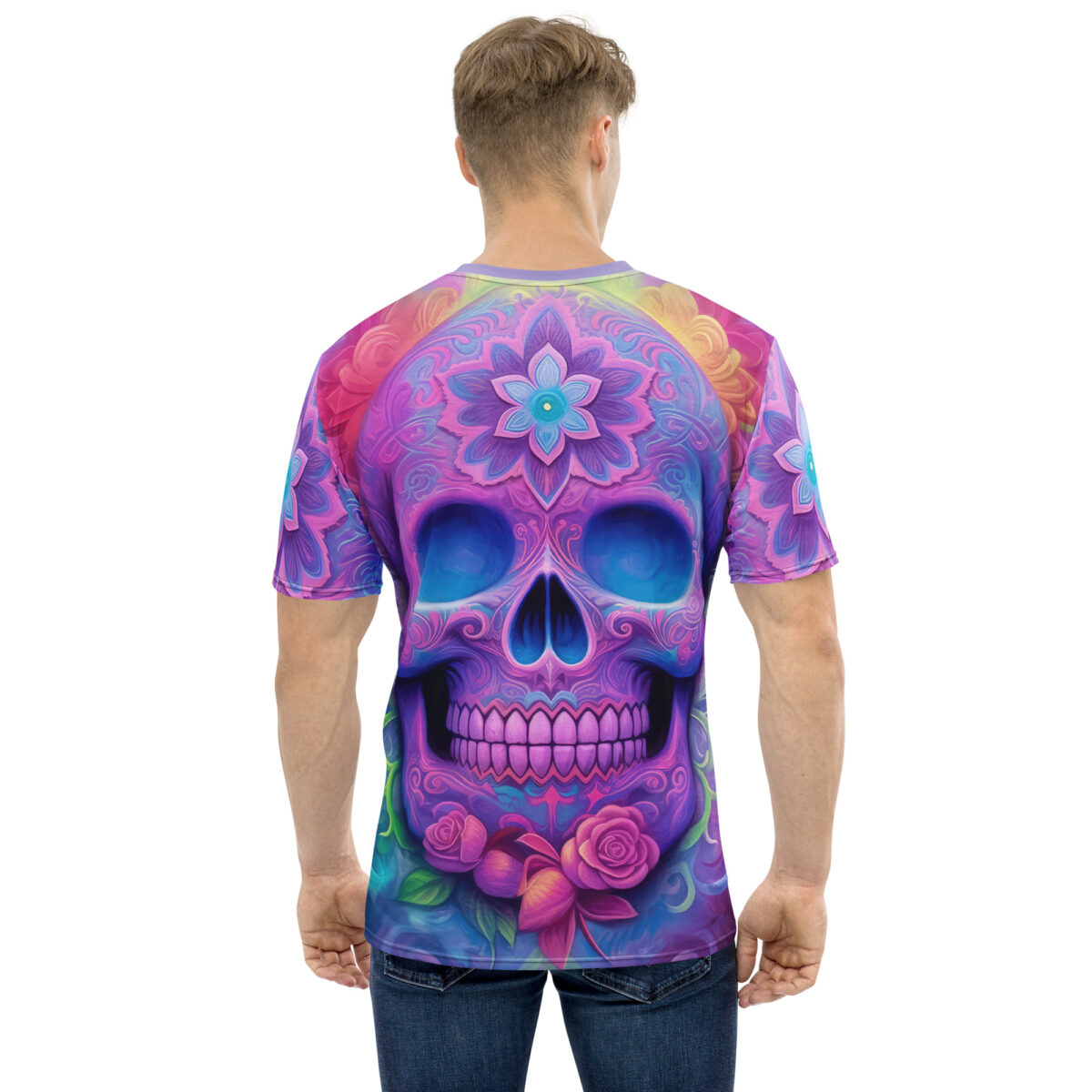Vibrant all over print sublimation tee featuring a colorful sugar skull graphic with floral accents and psychedelic patterns.