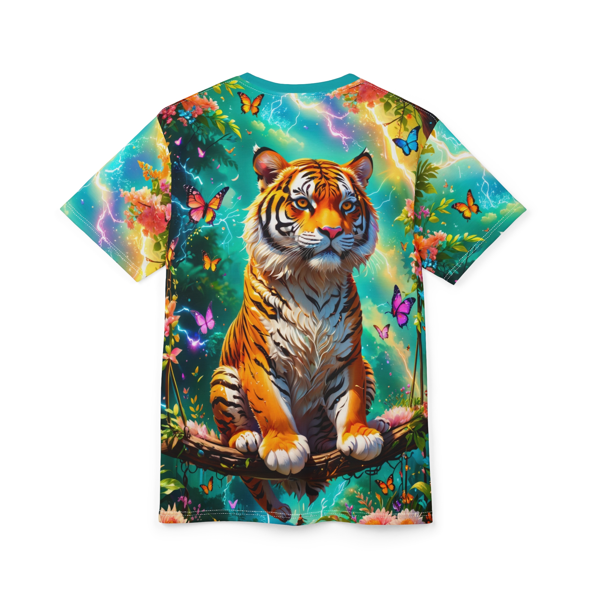 Vibrant Tiger Unisex Cut & Sew Tee - Bold Animal Print, Nature Lover Gift, Eco-Friendly Fashion, Colorful Summer Top, Unique Wildlife - Image 4