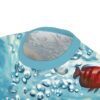 Close-up of a garment featuring a vibrant red fish swimming amidst numerous bubbles in a blue underwater design.