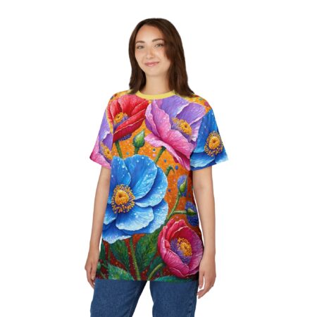 All over print t-shirt, vibrant floral pattern, sublimation tee, seamless wrap around graphic, blue, pink, red poppies, yellow centers, water droplets.