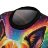 Seamless all over print t-shirt, vibrant psychedelic fox graphic, rainbow color gradient, abstract music note background, black ribbed collar.