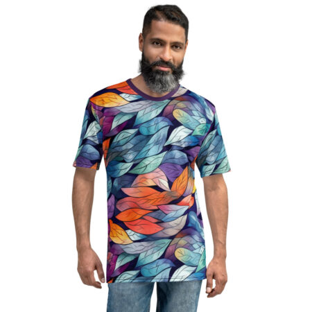 All over print tee, colorful leaf pattern, sublimation, vibrant hues, seamless design, dark background, short sleeves, crewneck.