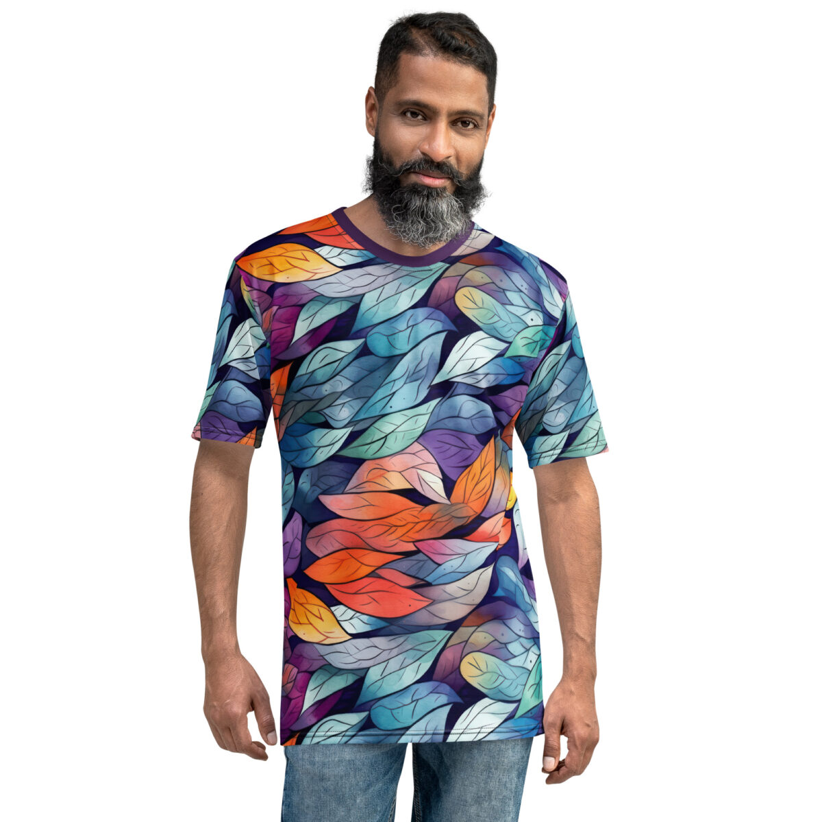 All over print tee, colorful leaf pattern, sublimation, vibrant hues, seamless design, dark background, short sleeves, crewneck.