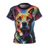 Streetwear aesthetic all over print t-shirt, sublimation tee, seamless wrap around graphic, vibrant rainbow dog portrait, cyber grunge background, multicolor lines, abstract shapes.