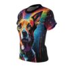 Seamless sublimation tee, trippy festival graphic, vibrant rainbow dog portrait, abstract digital background, black crewneck, short sleeve.