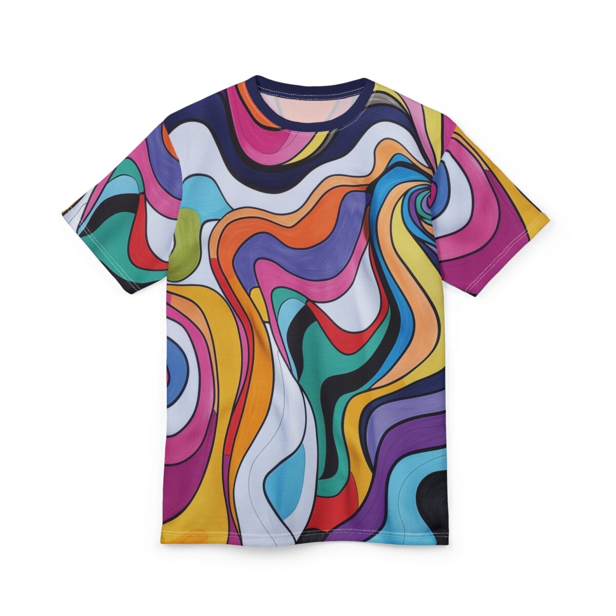 Swirls of pink, orange, yellow, blue, and purple with black outlines cover this graphic streetwear tee, with flowing abstract shapes creating a dynamic, artistic design.