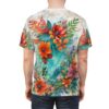 Vintage pattern floral all over print sublimation tee featuring vibrant orange and red flowers on a teal background.