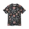 Pink floral and grey leafy patterns cover this sublimation graphic tee, with thin gold vines and dark speckles.