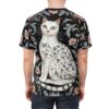 Dark botanical motifs cover this full print shirt, framing an ornate white cat displaying floral body artwork.