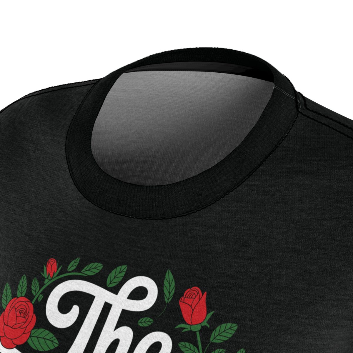 Black t-shirt with white text and red roses floral graphic design, vintage aesthetic.