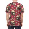 Vintage skulls and polka dots in green and yellow cover this all over print t-shirt, set against a deep red background.