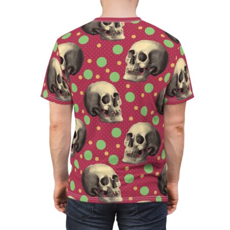 Vintage skulls and polka dots in green and yellow cover this all over print t-shirt, set against a deep red background.