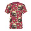 Skulls and polka dots in green and yellow cover this seamless pattern tee, with a dark red background.