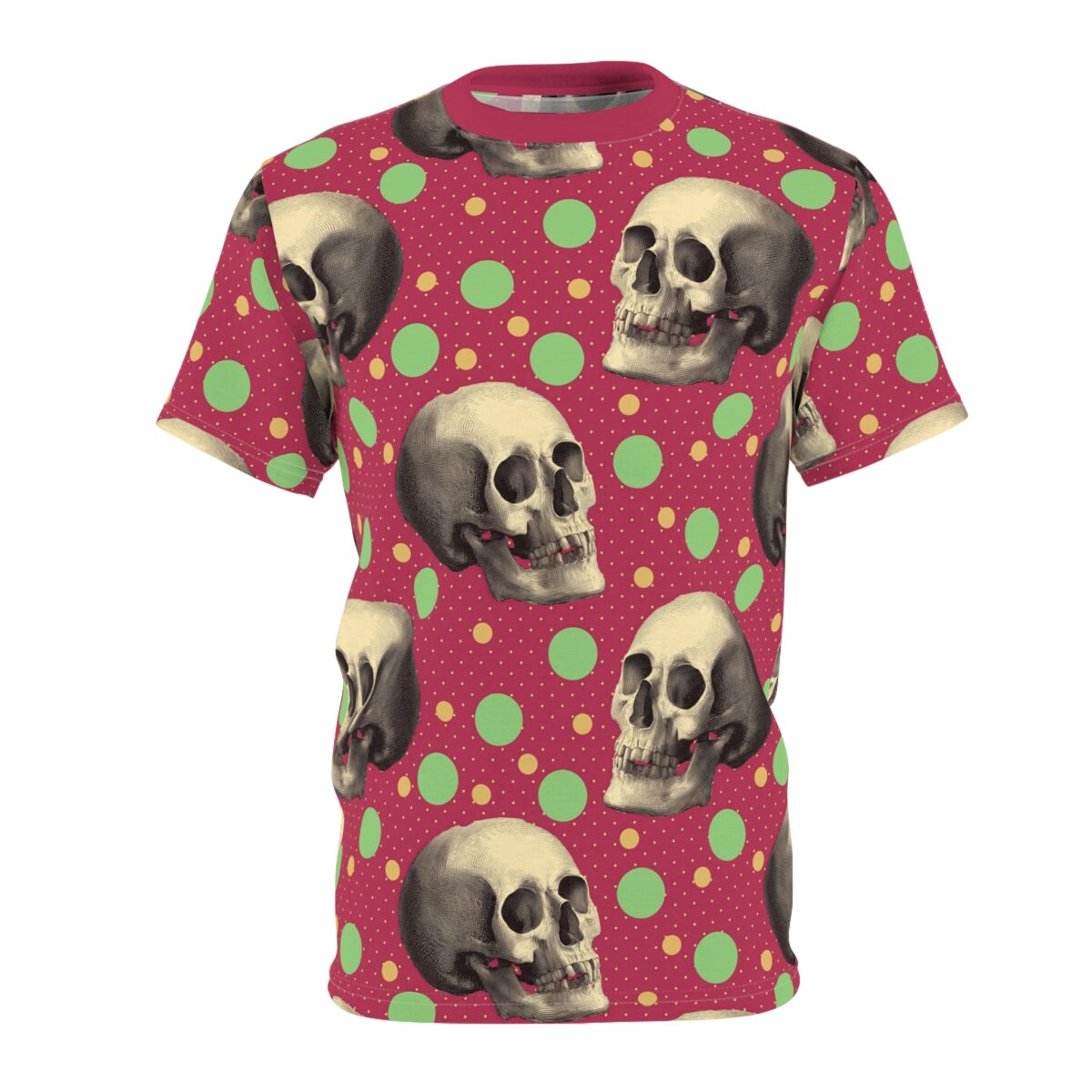 Skulls and polka dots in green and yellow cover this seamless pattern tee, with a dark red background.