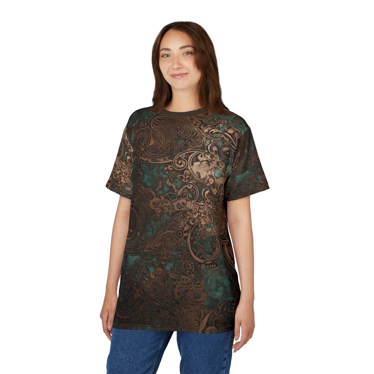 Dark brown, teal, seamless all over print, vintage pattern, baroque design, ornate graphics.