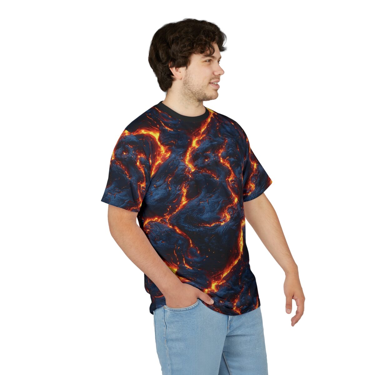 Fiery orange and yellow lava cracks glow against dark blue textured patterns on this tee shirt, resembling molten rock.
