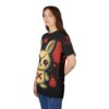 Red splatters and white dots cover this seamless pattern tee, with a stitched bunny character wearing a black eye patch.