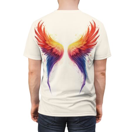 Fiery reds, oranges, and yellows blend into deep blues and purples, depicting watercolor angel wings with scattered paint splatters.