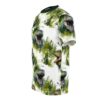 Green watercolor T-Rex heads and foliage cover this all over print t-shirt with a jungle vibe.
