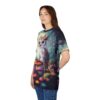 Whimsical owl on mushrooms with colorful flowers and a moonlit sky cover this oversized full print tee, depicting a magical forest scene.