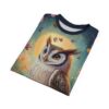 Teal, yellow, and pink hues depict a detailed owl and fluttering butterflies against a dusky sky with a large moon.