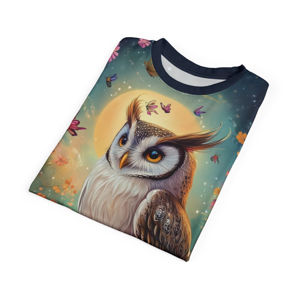 Teal, yellow, and pink hues depict a detailed owl and fluttering butterflies against a dusky sky with a large moon.