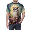 Whimsical woodland creatures, mushrooms, and flowers in vibrant blues, greens, and yellows cover this full print shirt, featuring a large owl perched on mushrooms under a full moon.