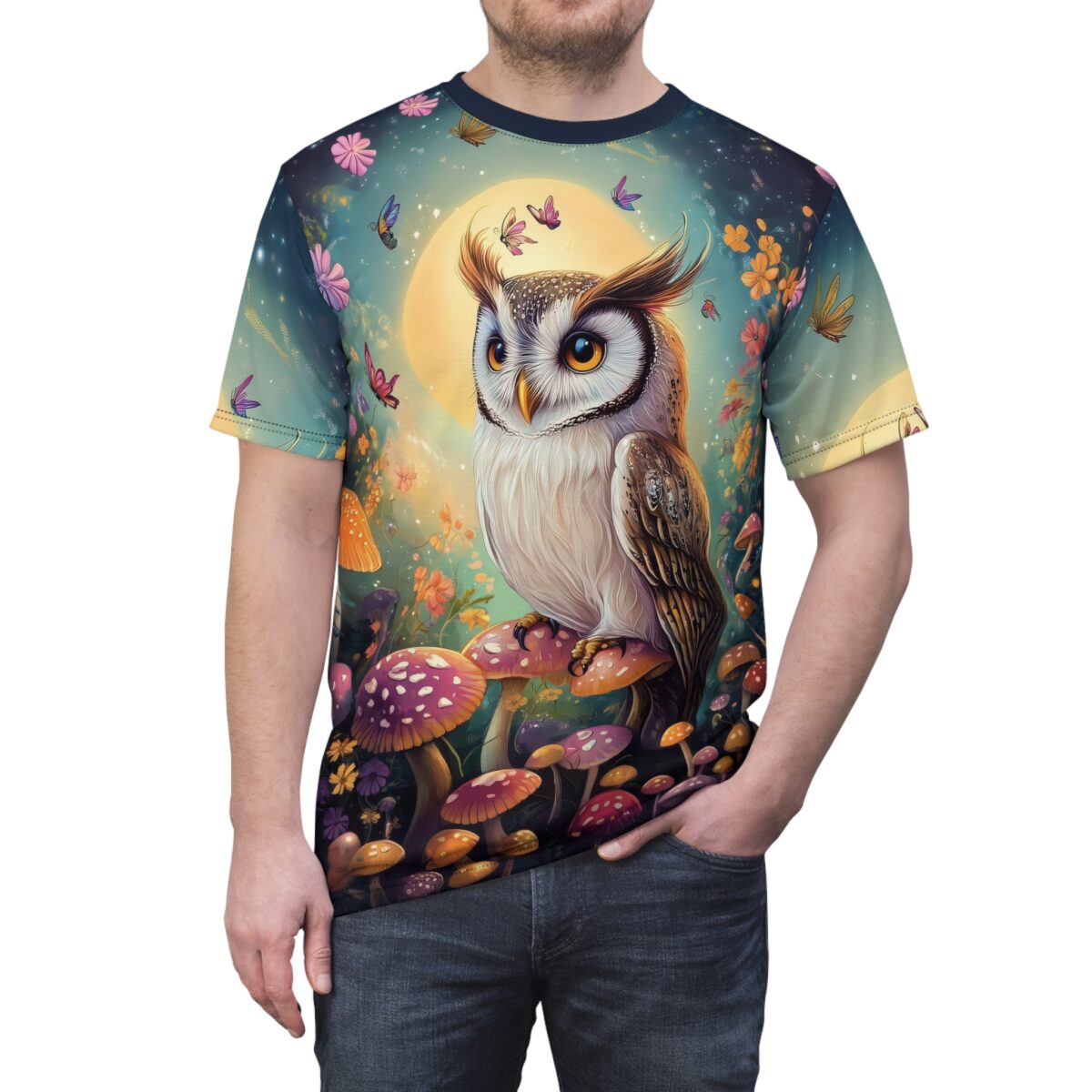 Whimsical woodland creatures, mushrooms, and flowers in vibrant blues, greens, and yellows cover this full print shirt, featuring a large owl perched on mushrooms under a full moon.