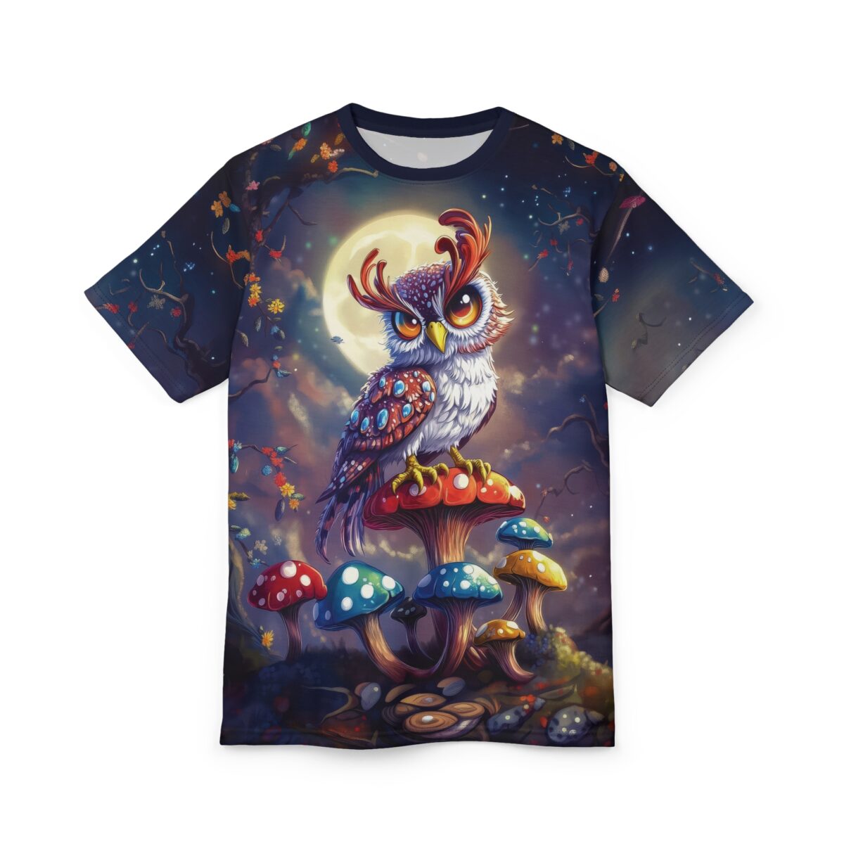A detailed t-shirt print featuring a vibrant, stylized owl with large eyes perched on a red mushroom under a glowing full moon.