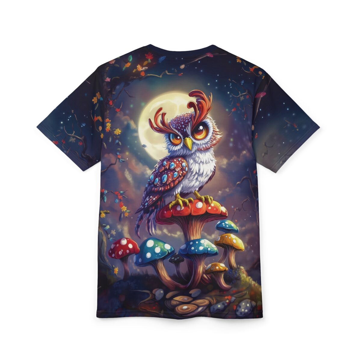 A vibrant all-over print t-shirt featuring a large-eyed cartoonish owl perched on colorful mushrooms under a full moon.