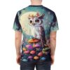 Vibrant mushrooms and floral accents surround a majestic owl against a moonlit, starry sky on this all over print apparel.