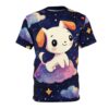 A dark navy background with a playful pattern of colorful clouds and stars surrounds a cute white puppy sitting on a pastel cloud.