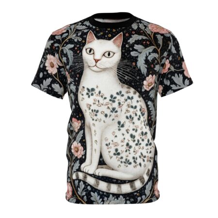 Dark floral patterns with pink flowers and sage leaves cover this oversized full print tee, featuring a white cat with floral markings.