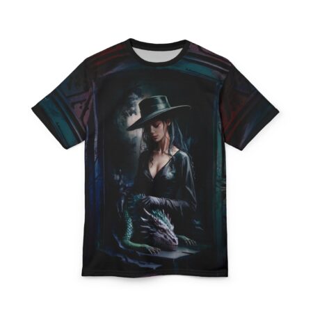 Dark blues, greens, and reds cover this graphic streetwear tee, depicting a woman in a hat with a dragon.