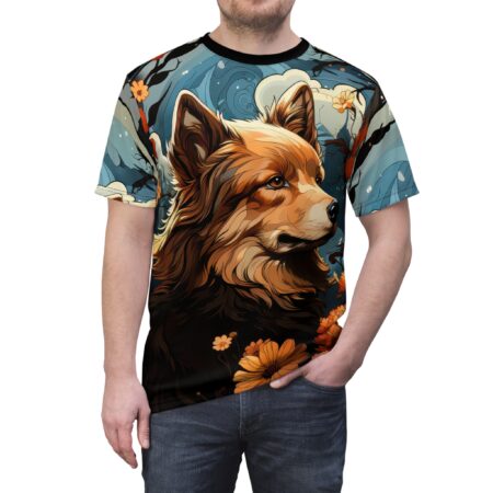 Blues, oranges, and black with swirling patterns and floral accents cover this full print shirt, depicting a majestic wolf's head in profile.