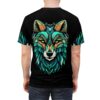 Teal, green, and orange geometric patterns cover this seamless pattern tee, depicting a stylized wolf's face with fiery accents.