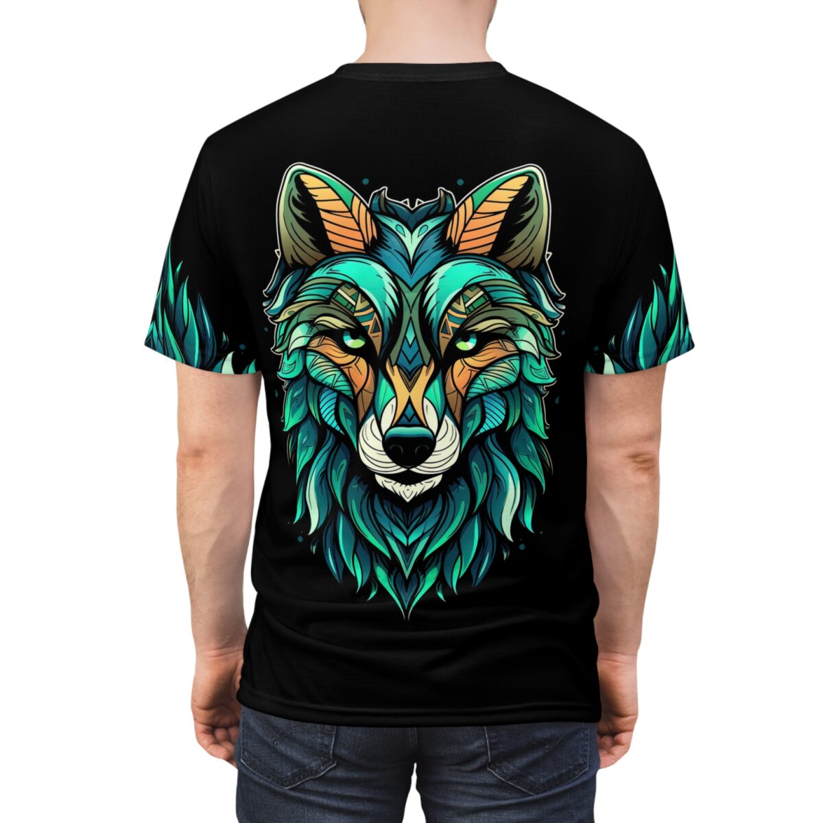 Teal, green, and orange geometric patterns cover this seamless pattern tee, depicting a stylized wolf's face with fiery accents.