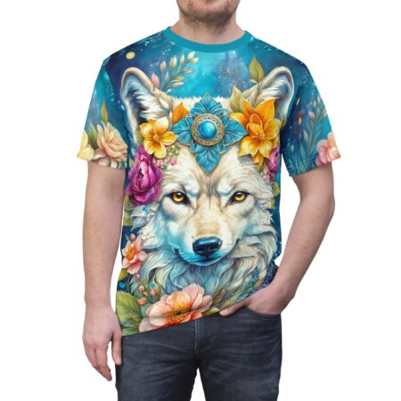 Vibrant blues, yellows, and pinks cover this oversized full print tee, depicting a mystical wolf adorned with a floral headdress against a cosmic backdrop.