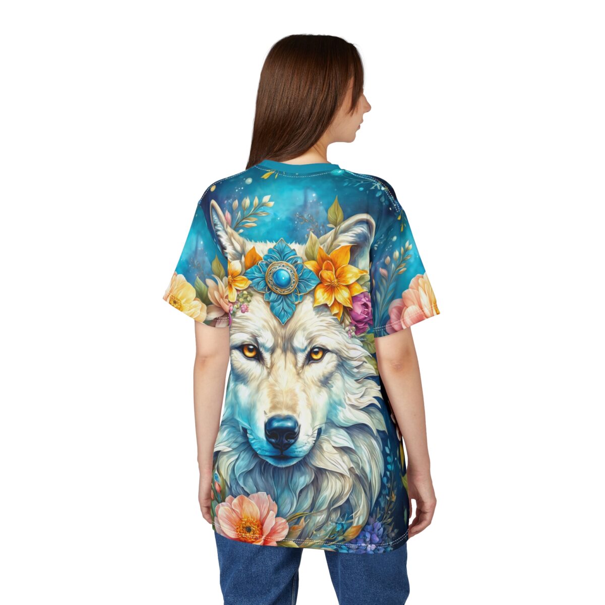 Majestic wolf with floral crown all over print sublimation tee, featuring vibrant blue and floral wrap around graphic. Streetwear aesthetic.