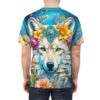 All over print sublimation tee featuring a white wolf with a vibrant floral crown and a mystical blue background.