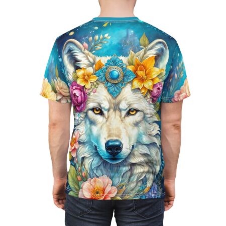 All over print sublimation tee featuring a white wolf with a vibrant floral crown and a mystical blue background.
