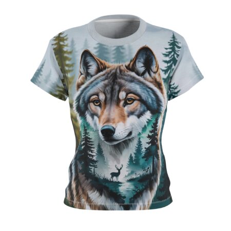 Wolf and forest scene all over print sublimation tee, featuring a detailed wolf head with a deer and pine trees in the background.