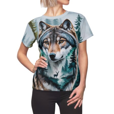 Wolf and deer in a forest scene all over print sublimation tee, featuring a detailed wolf portrait and a serene woodland graphic.