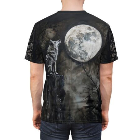 Dark grays and blacks depict a wolf howling at a large, textured moon, set against a forest of bare trees and scattered stars.