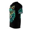 Teal, orange, and green geometric patterns form a wolf's head and flowing mane on this black tee shirt.