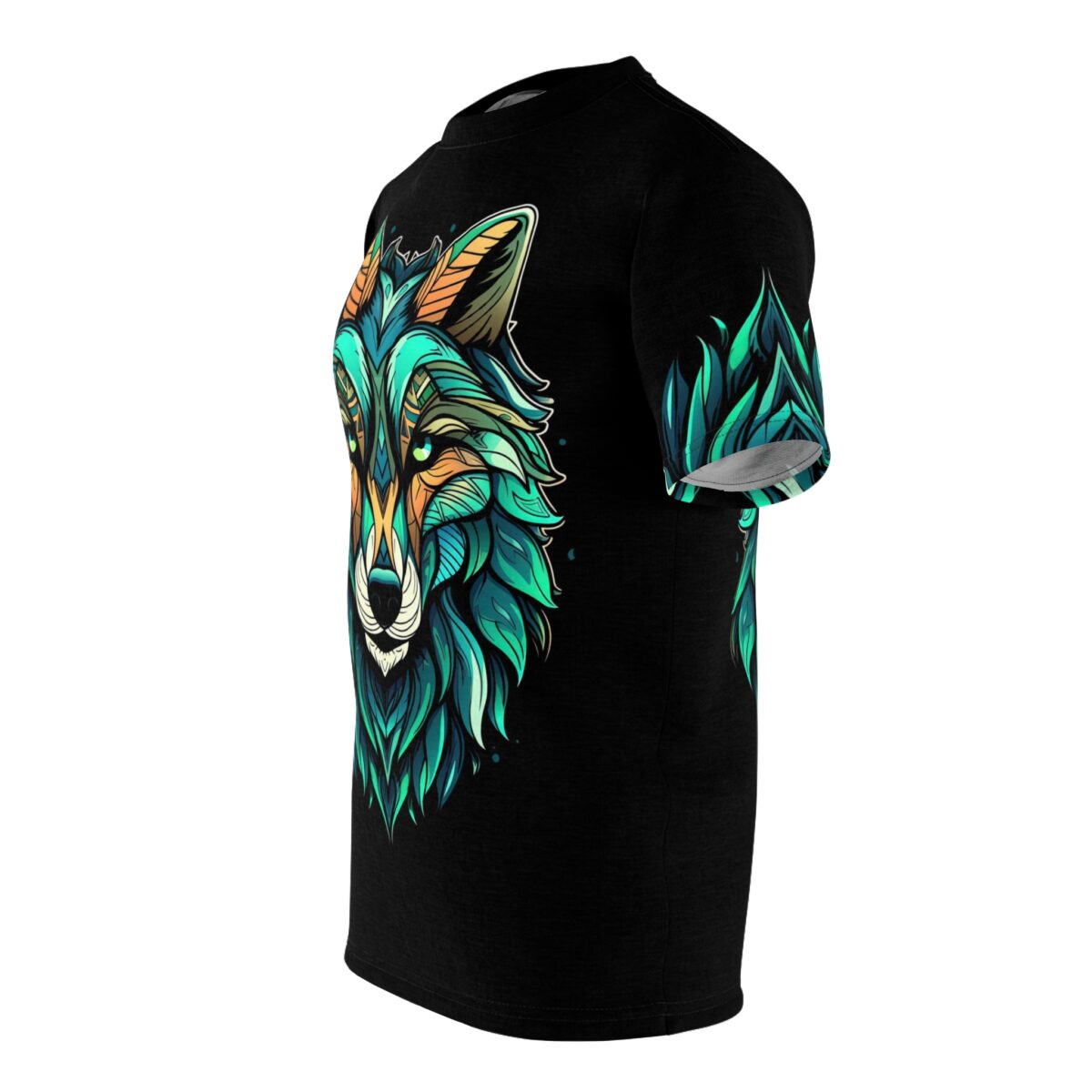 Teal, orange, and green geometric patterns form a wolf's head and flowing mane on this black tee shirt.