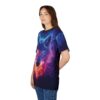 Navy t-shirt with a vibrant graphic of a wolf's head surrounded by blue and red flames.